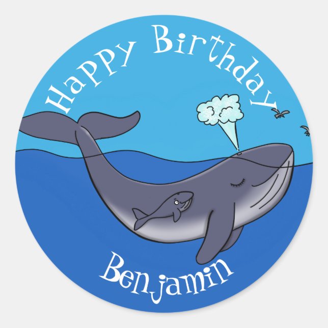 Cute whale and calf cartoon illustration classic round sticker (Front)