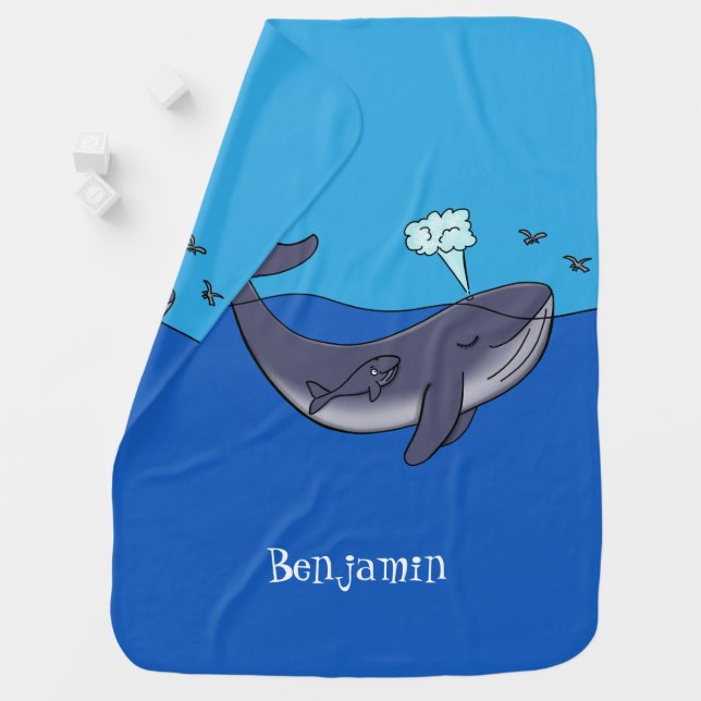 Cute whale and calf whimsical cartoon baby blanket (In Situ)