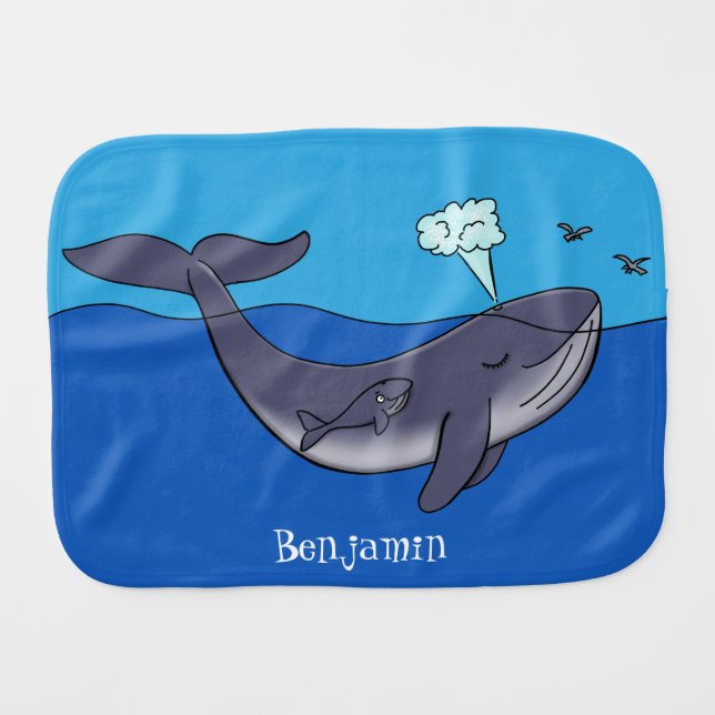 Cute whale and calf whimsical cartoon baby burp cloth (Front Horizontal)