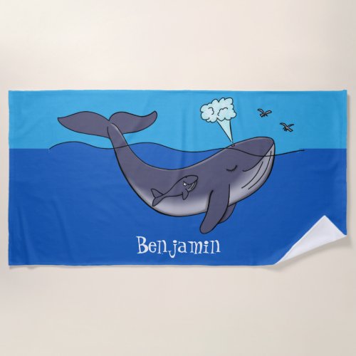 Cute whale and calf whimsical cartoon beach towel