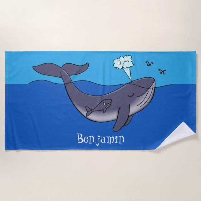Cute whale and calf whimsical cartoon beach towel (Front)