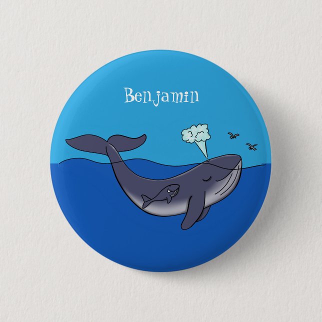 Cute whale and calf whimsical cartoon button (Front)