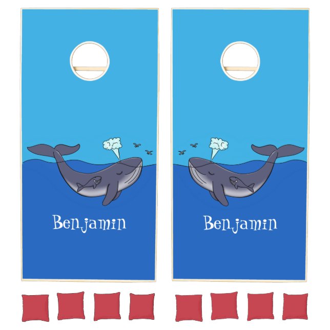 Cute whale and calf whimsical cartoon cornhole set (Set)