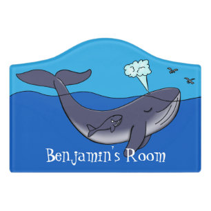 Cute whale and calf whimsical cartoon door sign