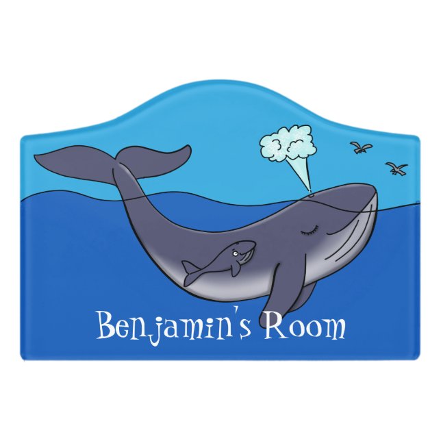 Cute whale and calf whimsical cartoon door sign (Small Crest Front)