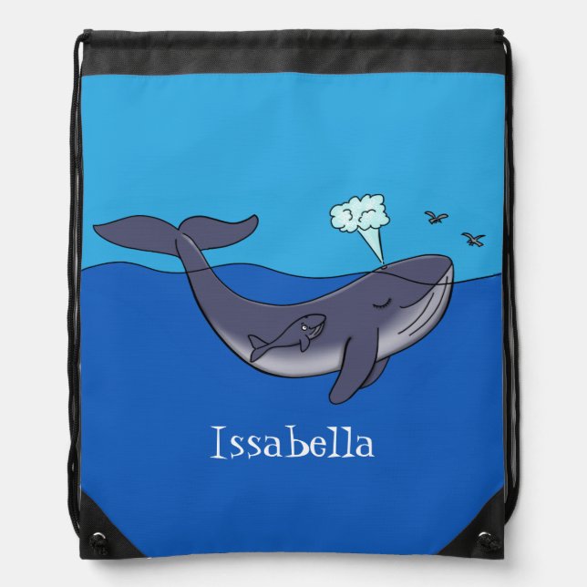 Cute whale and calf whimsical cartoon drawstring bag (Front)