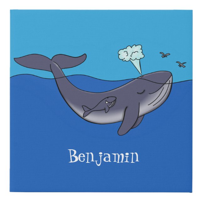 Cute whale and calf whimsical cartoon faux canvas print (Front)