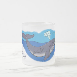 Cute whale and calf whimsical cartoon frosted glass coffee mug
