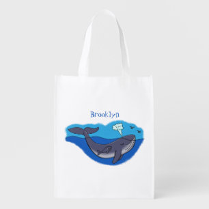 Cute whale and calf whimsical cartoon grocery bag