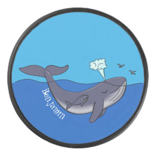Cute whale and calf whimsical cartoon hockey puck