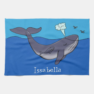 Cute whale and calf whimsical cartoon kitchen towel