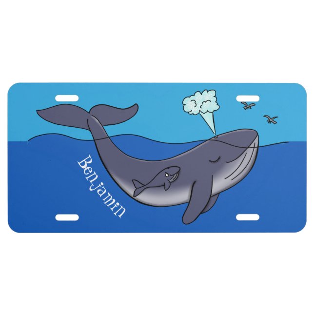 Cute whale and calf whimsical cartoon  license plate (Front)