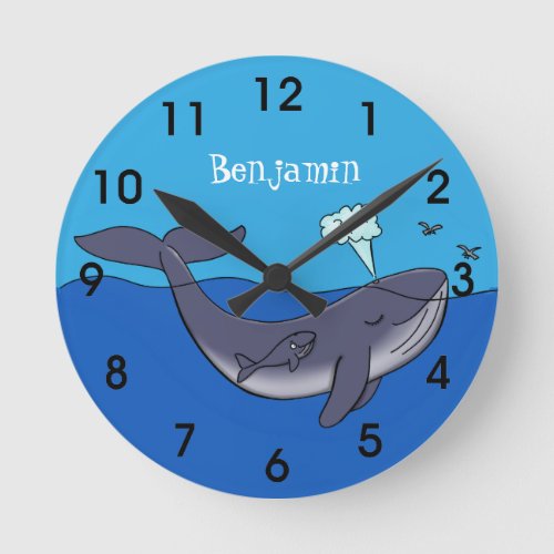 Cute whale and calf whimsical cartoon round clock