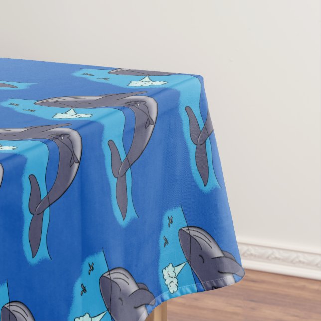 Cute whale and calf whimsical cartoon tablecloth (In Situ)