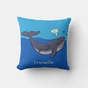 Cute whale and calf whimsical cartoon throw pillow