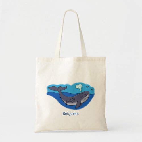 Cute whale and calf whimsical cartoon tote bag