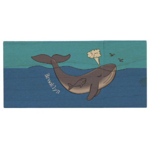 Cute whale and calf whimsical cartoon wood flash drive