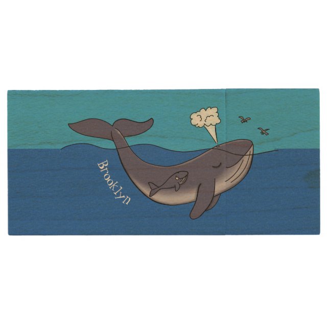 Cute whale and calf whimsical cartoon wood flash drive (Front)