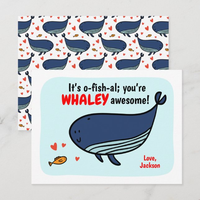 Cute Whale and Fish Class Valentine Cards for Kids (Front/Back)