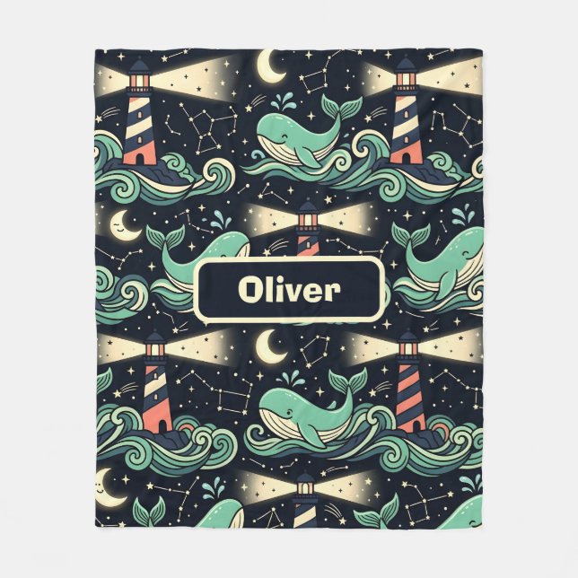 Cute Whale and Lighthouse Fleece Blanket (Front)