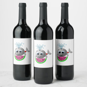 Cute Whale and Watermelon Wine Label