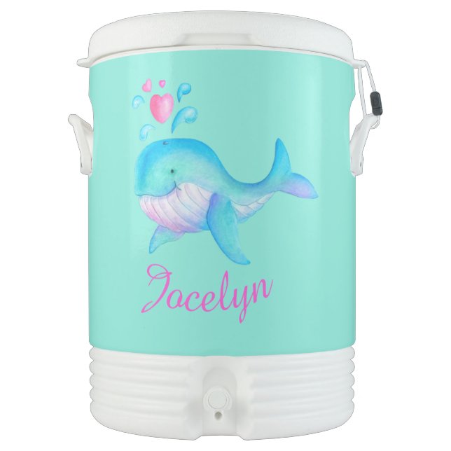 Cute whale art aqua name id girls cooler bottle (Front)