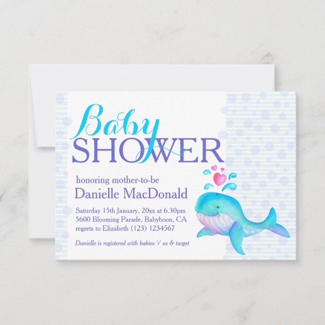 Cute Whale art baby shower aqua purple invitation (Front)