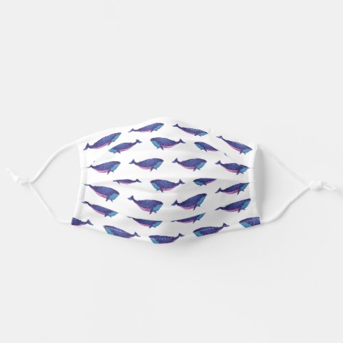 Cute Whale Art Drawing in Ocean Blue and White Adult Cloth Face Mask