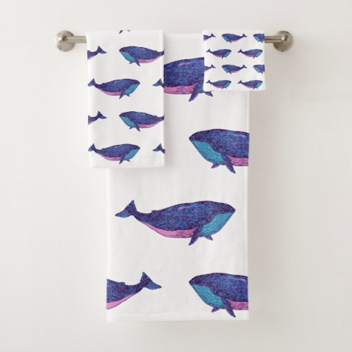 Cute Whale Art Drawing in Ocean Blue and White Bath Towel Set