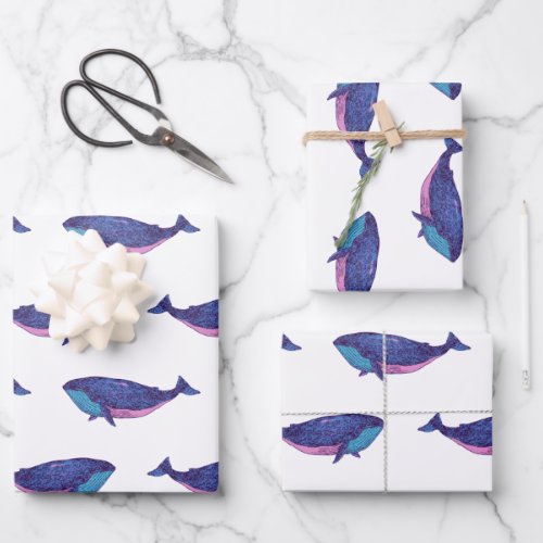 Cute Whale Art Drawing in Ocean Blue and White Wrapping Paper Sheets
