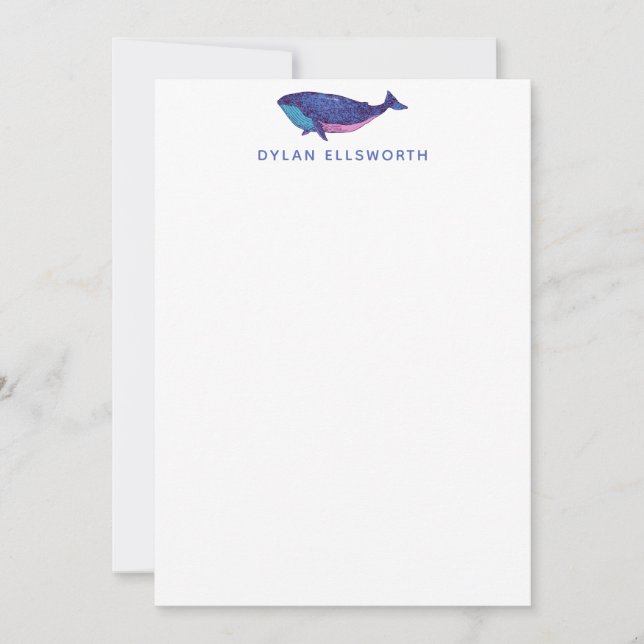 Cute Whale Art Drawing in Ocean Blue Personalized Note Card (Front)