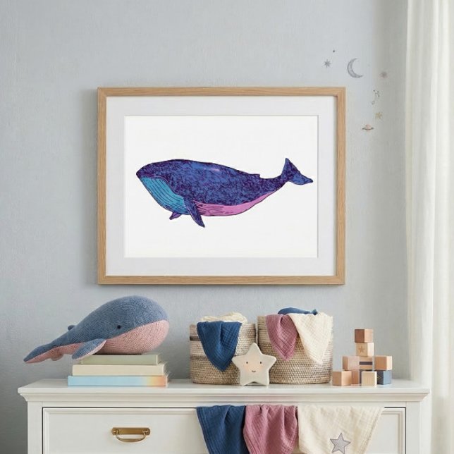 Cute Whale Art Drawing in Ocean Blue Poster (Creator Uploaded)
