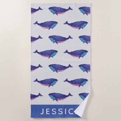 Cute Whale Art Pattern in Ocean Blue Personalized Beach Towel