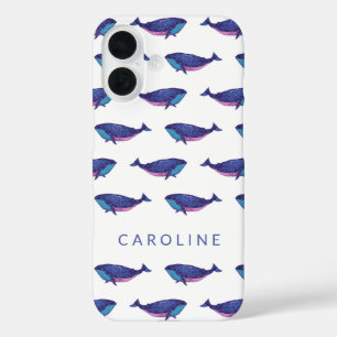 Cute Whale Art Pattern in Ocean Blue Personalized iPhone 16 Case