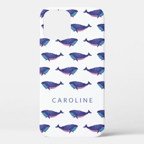 Cute Whale Art Pattern in Ocean Blue Personalized iPhone 12 Case