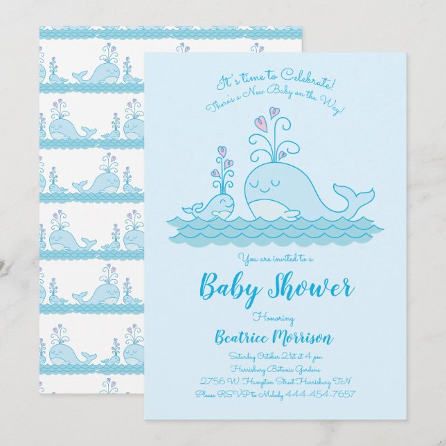 Cute Whale Baby Shower Ocean Gender Neutral Blue Invitation (Front/Back)