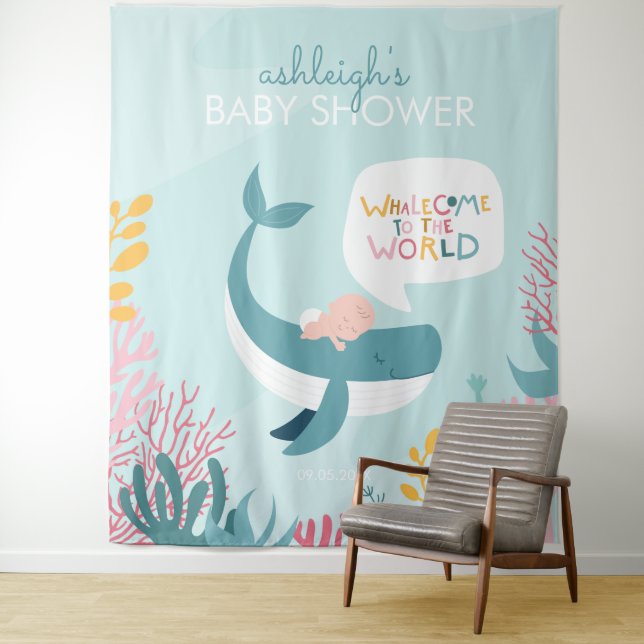 Cute Whale Baby Shower Tapestry (In Situ)