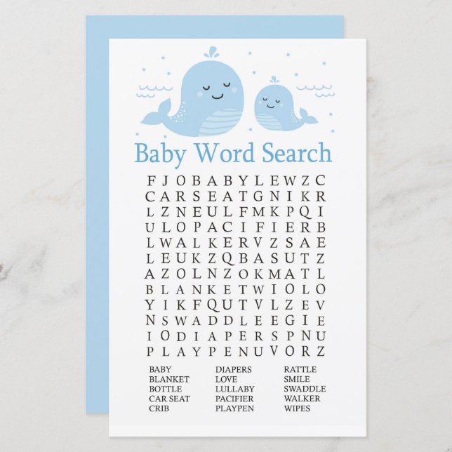 Cute Whale Baby Shower Word Search Game (Front/Back)