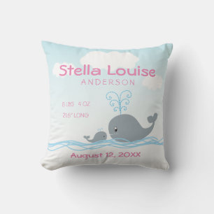 Cute Whale & Baby Whale Newborn Girl Announcement Throw Pillow