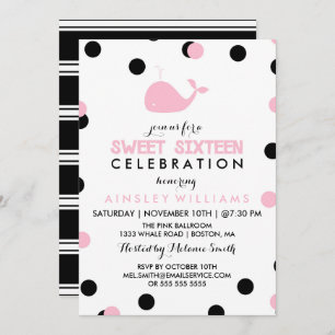 Cute Whale Black & Pink Sweet Sixteen Party Invitation