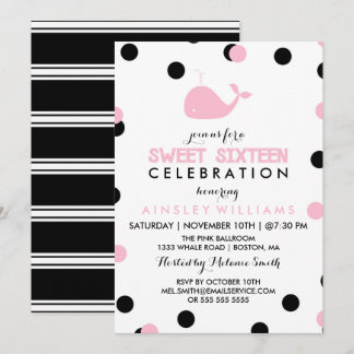 Cute Whale | Black & Pink Sweet Sixteen Party Invitation