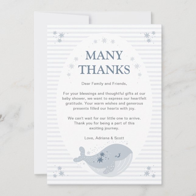 Cute Whale Blue Boy Baby Shower Thank You Card (Front)