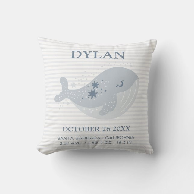 Cute Whale Blue Boy Birth Announcement Stats Throw Pillow (Front)