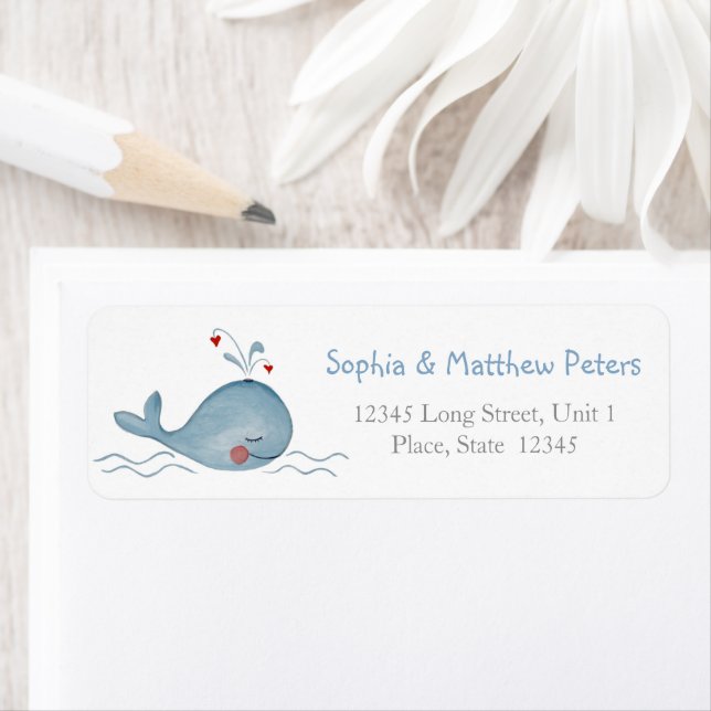 Cute whale blue nautical animal drawing label (Insitu)