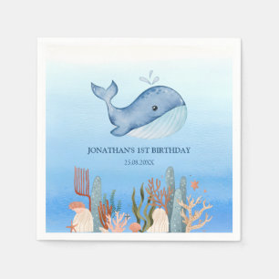 Cute Whale Blue Sea Coral Reef Birthday Napkins