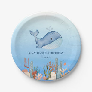 Cute Whale Blue Sea Coral Reef Birthday Paper Plates