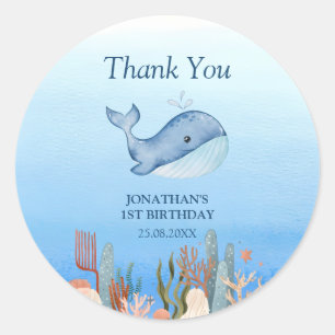Cute Whale Blue Sea Coral Reef Birthday Thank You Classic Round Sticker