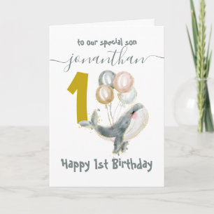 cute whale boy 1st birthday card
