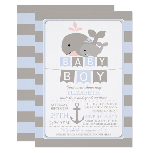 Cute Whale Boy Baby Shower Invitation