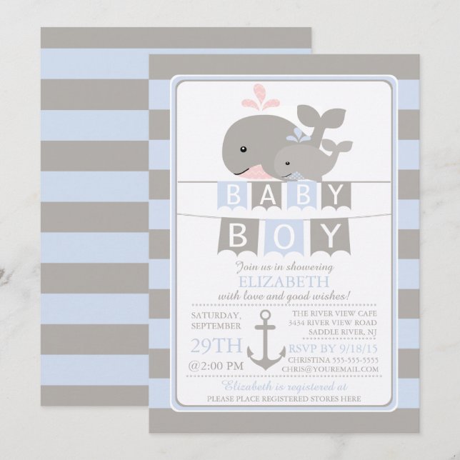 Cute whale Boy Baby Shower Invitation (Front/Back)